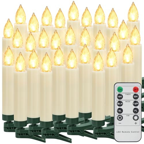 TechKen Weihnachtsbaum Kerzen LED mit Clip Fernbedienung,Flackernd Weihnachtskerze Stabkerzen Christbaumkerzen Kerzenlichter Elektrische Kerzen Flammenlose Kerzen Weihnachtsdeko (30er,Warmweiß)