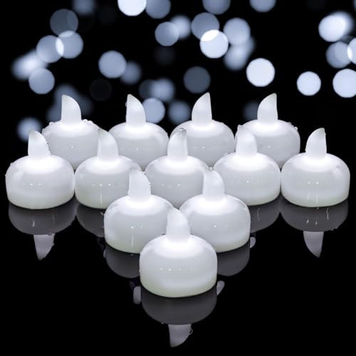 Yakpo 12 Stück Kaltweiße Flackernde Wasserdichte Schwimmende Teelichter für Außen, LED Teelichter Outdoor Wasserdicht, Batteriebetriebene Teelicht, Flammenlose Kerzen für Hochzeiten, Pool, Teich Dekor