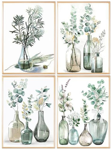 SHEGZHUC 4 Pack Diamond Painting Blumen in Vase 30x40cm Diamond Painting Pflanzen Grün Diamond Painting Blätter Blumenstrauß Diamant Malerei Kunst Stickerei Kreuzstich Bilder Geschenk Wanddekoration