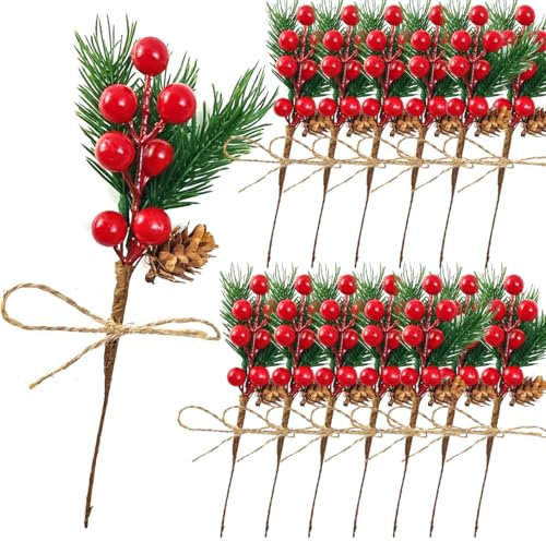 TIHOOD 20,3 cm große Tannenzapfen, rote Beeren, Stiele, Basteln, Zweig, Weihnachtskranz, Stechpalme, künstliche immergrüne Zweige, winzige Tannenzapfen, Dekoration, Blumenplektren für