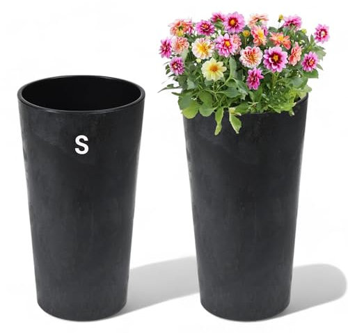 MELTOM Blumenkübel Rund Betoneffekt mit Herausnehmbaren Einsatz Blumentopf Pflankübel (Schwarz, S - 26 cm)