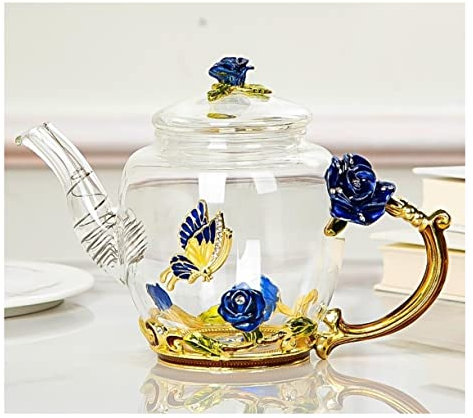 BOGAZY Tea Set Tea Cups 7pcs Enamel Tea Cup Set Glass Teapot European Style Home 6 Flower Cup Business Simple Tea Set Tea Pot Set(Blue rose)