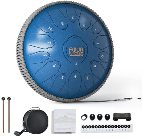 FOUR UNCLES Regentrommel für draußen, Stahlzungentrommel – 33 cm (13 Zoll), 15 Töne – Handpan-Trommeln mit Reisetasche, Musikbuch und Schlägel, Musikinstrumente, Geschenke für Familie und Freunde