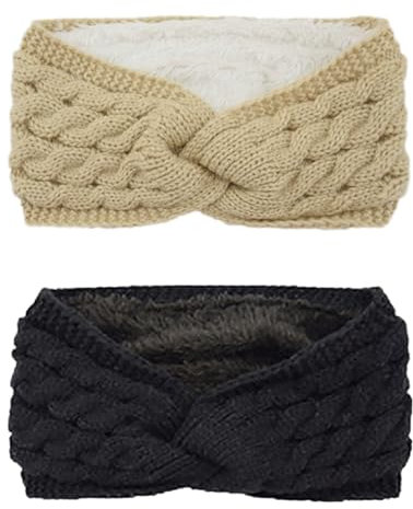 DRESHOW Femmes Chaud Tricoté Bandeau Hiver Oreille Plus Chaud Crochet Tête Enveloppe épais Polaire Doublure Cheveux Bandes, Taille unique, 2pcs Set82-12