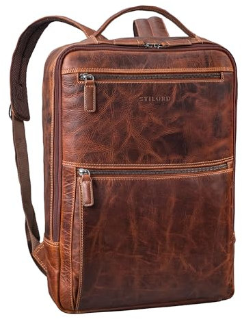 STILORD 'Jayce' Genuine Leather Laptop Backpack 17 inch - Stylish Business Rukcsack for Men and Women - for Work, University and Travelling - Backpack with Handle Grip, Colour:Salerno - Brown