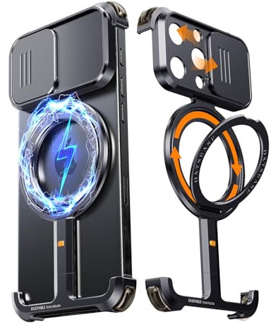 NIFBANG for iPhone 15 Pro Max Phone Case,360° Rotation Magnetic Ring Kickstand,Aluminum Metal Slide Camera Lens Cover,Frameless Military Grade Heat Dissipation Shockproof Shells,Black