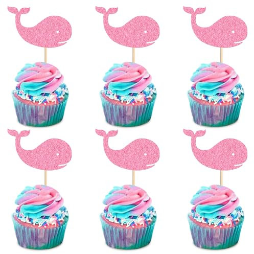 Blumomon 24 Stück Ocean Glitter Wal Cupcake Toppers Weibliche Baby Shower Dekorationen Boy Birthday Supplies