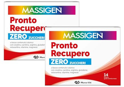 Massigen - Pronto Recupero Zero Zuccheri, Due Confezioni da 14 Bustine da 6 g, Integratore Tonico Energetico con Carnitina, Perfetto per il Recupero Muscolare, Creatina e Arginina