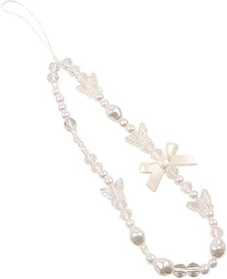 Zhhuoc White Mobile Phone Lanyard Chain Bow, Pearl Beaded Lanyard Wrist Strap Anti Lost Phone Charm Strap Fashion Keychain Wallet Decoration Pendant for Women