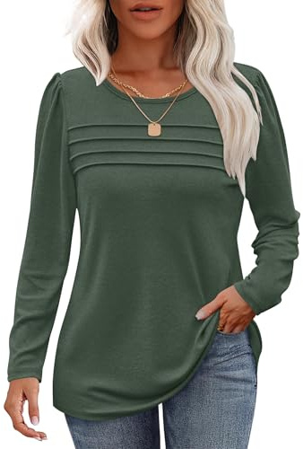 WNEEDU Damtoppar långärmad veckad rund hals damtröjor sweatshirt | Moln mjukt tyg pintuck veckad bröst elegant axeldetalj mångsidig smart vardaglig långärmad toppar kvinnor kärlek