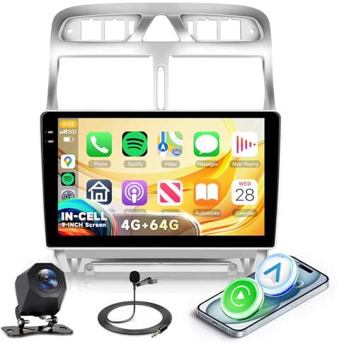 4G+64G Radio Coche para Peugeot 307/307CC/307SW 2002-2013 9 Pantalla IN-Cell HD Android Radio con Carplay Inalámbrico Android Auto Nav GPS Mirror Link Bluetooth WiFi FM/RDS/EQ SWC Cámara Trasera