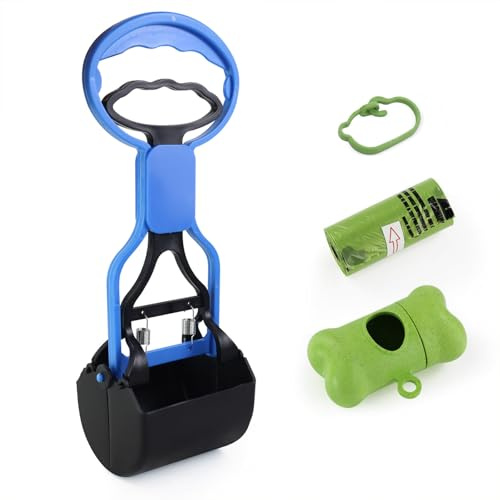 Andiker Dog Pooper Scooper with Short Handle, 10.23 Tall Dual-Spring Pet Pooper Scooper with 1 Roll of Dog Poop Bag and a Dispenser Easy to Use Dog Poop Scooper for Yard Picking Waste Up (Dark Blue)
