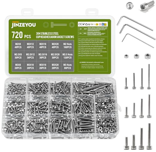 720 Pcs M2 M2.5 M3 Screws Set, Nuts and Bolts Assortment, Hex Socket Head Cap Screw Bolts and Nuts Set, Stainless Steel Machine Screws Assortment for Home Repairs, DIY, Professional (silvery)