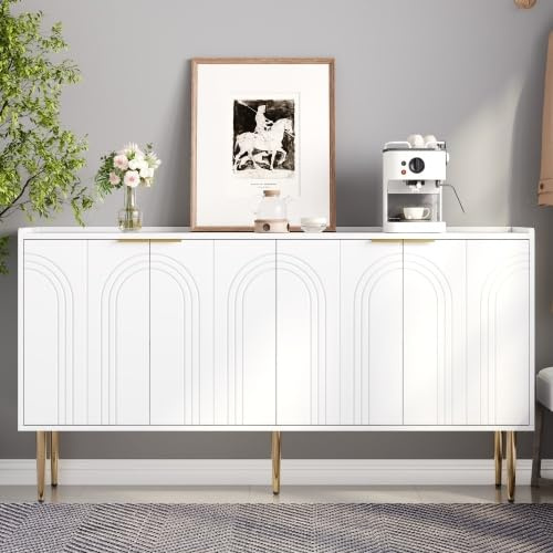 kozamas Buffet Anrichte Modern mit gewölbten Türen & Soft-Close, Sideboard Aufbewahrungsschrank für Wohnzimmer, goldene Beine, 140x38x75 cm, Weiß