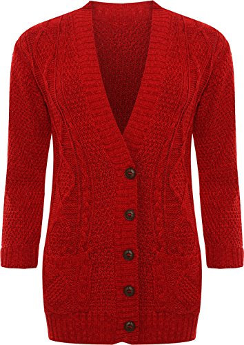 WearAll Womens Cable Knitted Button Cardigan Long Sleeve Ladies Boyfriend Top - Red - 12/14