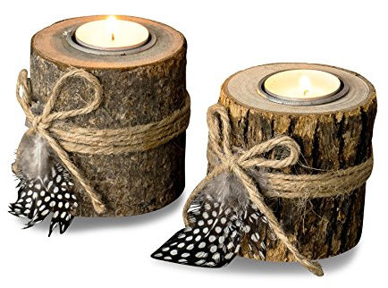 2er Set Teelichthalter Holz je 8,5cm hoch Kerzenhalter Federn Kerzenständer Tischdeko