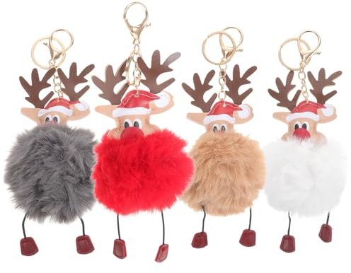 Amosfun 4 Stück Weihnachten Schlüsselanhänger Pompoms Pelz Anhänger in Form eines Rentiers Anhänger Handtaschenanhänger Dekoration Hängende Tasche Weihnachten