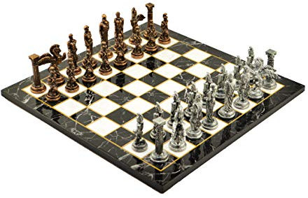 Juego de ajedrez de metal para adultos, figuras mitológicas medianas de cobre antiguo, piezas hechas a mano, tablero de ajedrez de madera con diseño de mármol, tamaño King 3.35 pulgadas