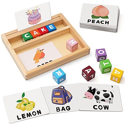Coogam Farbblöcke Rechtschreibspiele, Holz Matching Letters Spielzeug mit Wörtern Karteikarten, Alphabet ABC Lernen pädagogische Montessori Puzzle Geschenk für Kinder im Vorschulalter Jungen Mädchen
