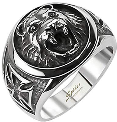 Herren Ring Edelstahl Massiv Breit Herrenring Männer Biker Rocker 3D Löwenkopf Cross Kreuz Löwe König Siegelring Silber Größe 68 (21.6)
