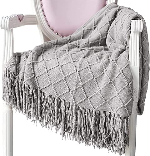 Hayisugal Wohndecke Weich Strick Wolldecke Quaste Kuscheldecke Sofadecke Schlafdecke Decke, Hellgrau, 125 x 210cm
