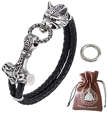 BBYOUTH 3D Viking Wolfskopf Armband Für Männer, Leder 316L Edelstahl Nordische Mythologie Thors Hammer Talisman Schmuck,Wolf and mjolnir,8.07inch