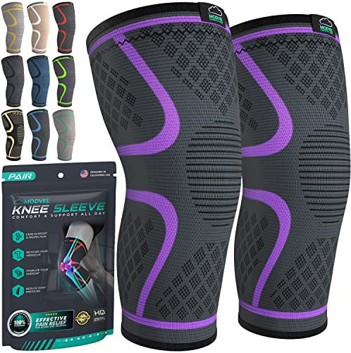 MODVEL Knee Compression Sleeve with Knee Support – Breathable, Flexible Fit for Men & Women, Ideal for Daily Use & Workouts, Purple (M)