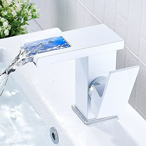 WindWilder LED Waschtischarmatur Wasserhahn Wasserfall Auslauf mit 3 Farbewechsel Beleuchtung, Waschtisch Einhebelmischer für Badezimmer Küche Bad WC (Weiß)