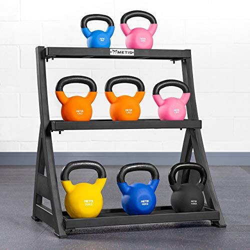 METIS Kettlebell Ständer 3 Stufen - Profi Kettlebell Set + Ständer für Aufbewahrung | Optionales Kettlebell Set aus Neopren ODER Gußeisen | Fitness Zubehör (Ständer + Neopren Kettlebell Set)…