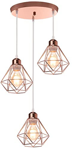 TOKIUS 3-flammig Pendelleuchte Retro Hängelampe mit Geometrischem Design 16CM Lampenschirm E27 Lampe aus Eisen Käfig Roségold Hängeleuchte für Schlafzimmer Küche (Pendellampe, Rondell)
