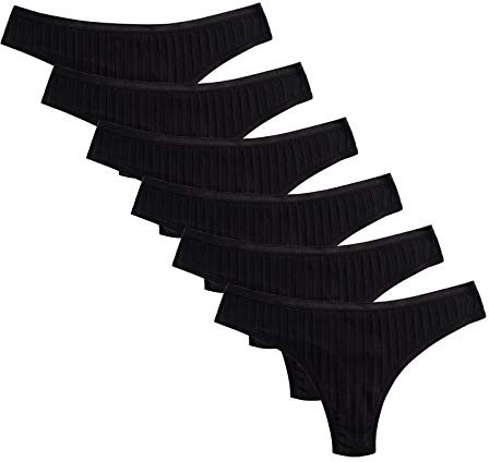 KNITLORD Women's Rib Cotton Thongs Underwear Black Comfort Briefs Panties 6 Pack (M, Rib Black-6pk)