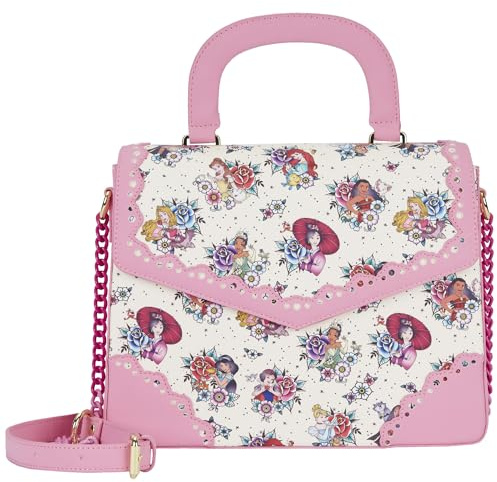Loungefly Disney Princess Floral Tattoo Crossbody Bag, Pink Vegan Suede Purse with Chain Shoulder Strap and Princesses