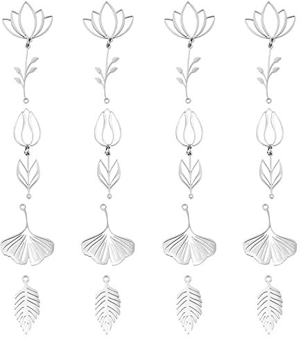 DICOSMETIC 16 Stück 4 Stil Edelstahl Blatt Anhänger Blätter Ast Anhänger Kleines Loch Ginkgo Anhänger Für DIY Basteln Armband Schmuckherstellung