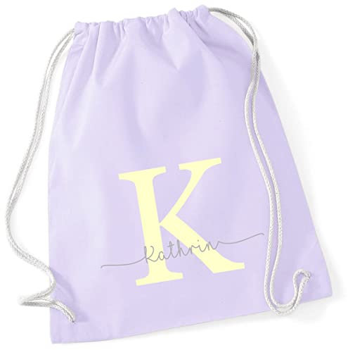 Personalisierter Turnbeutel mit Buchstabe und Name | Motiv Monogramm Initiale | Bedruckter Stoffbeutel Kordel-Rucksack zum Zuziehen | Geschenk-Idee Schulanfänger Geburtstag (pastell lila)