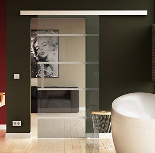 SoftClose-Glas-Schiebetür 900x2050 mm 5-Streifen-Design Klarglas Sadora® Slimline-System komplett Laufschiene in Edelstahl-Optik und Stangengriff Schiebetür aus Glas für Innenbereich