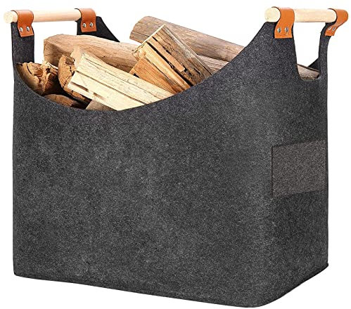 Felt Firewood Basket 70L, Large Log Basket Firewood Bag with Reinforced Handles, Foldable Felt Bag Indoor Outdoor, Firewood Basket Storage Basket for Wood Shopping Newspaper Toy, 55x42x30cm, Dark Gray