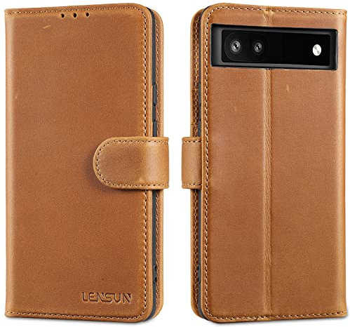 LENSUN Echtleder Hülle für Google Pixel 6a, Handyhülle Echtes Leder mit Magnetverschluss Kartenfach Handytasche Lederhülle für Google Pixel 6a 5G 6,1- Vintage Braun