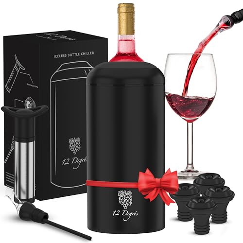 12 Degrés Iceless Wine Chiller Set - Perfect Wine Gifts for Women and Men Including Stainless Steel Insulated Wine Bottle Cooler with Wine Pump, Aerator & 4 Stoppers (Black)