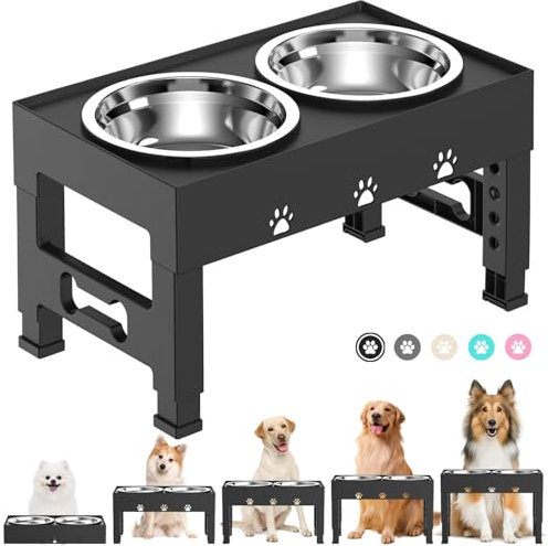 LAKIPETN Elevated Dog Bowls with 2 Stainless Steel Dog Food Bowls 5 Height Adjustable Raised Dog Bowl Stand Non-Slip Dog Feeder Adjusts to 3.1”, 9”, 10”, 11”, 12” Tall for Medium Large Dogs - Black