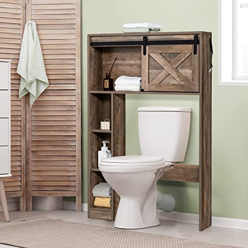 COSTWAY Meuble WC au-Dessus de Toilettes en Bois avec Porte Coulissante, Meuble de Rangement Industriel de Salle de Bain avec Dispositif Anti-basculement, 17 x 84 x 128 cm (Marron)