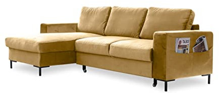 MIUFORM Ecksofa mit Schlaffunktion und Bettkasten | Lofty Lilly | Wohnladschaft Couch Schlafcouch Wohnzimmer Gästezimmer | Samt-Stoff Metallfüße (Senfgelb, Links ausgerichtet)