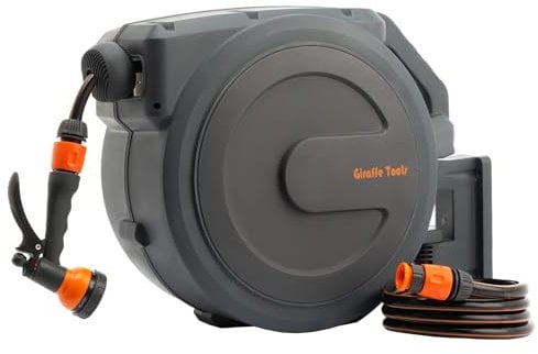 Giraffe Tools Wandmontierte Schlauchtrommel 25m+2m, Automatischer Gartenschlauch-Aufroller 180° Schwenkbar mit Multibrause und Anschlussschlauch