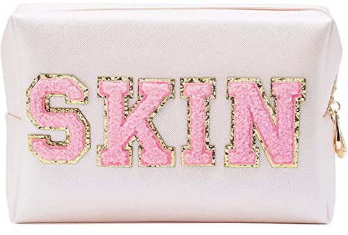 Adrette Patch-Make-up-Tasche, Kosmetik-Kulturbeutel für Frauen und Mädchen, Hautpflege-Tasche, PU-Leder, tragbare Make-up-Tasche, wasserdicht, für den täglichen Gebrauch, Aufbewahrungstasche, A-02