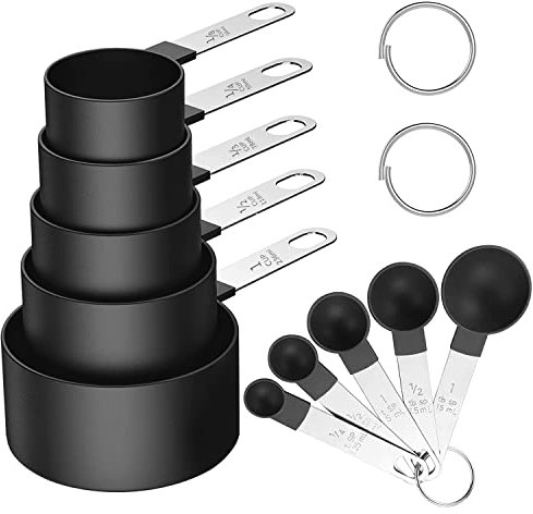 Songjum Set di 10 Pezzi Misure Tazze e Cucchiai Plastica con Manico in Acciaio Inossidabile Cucina Misurini Cucchiai Dosatore Set per Misurare Solidi e Liquido (Nero)