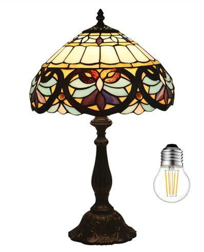 Kinbolas Tischlampe im Tiffany Stil,Vintage Nachttischlampe Schlafzimmer Deko Lampe,Jugendstil Tischleuchte,buntglas lampenschirm 30cm / 12 Zoll,Harz-Basis Mit kabel und E27 LED Birne(C-1)