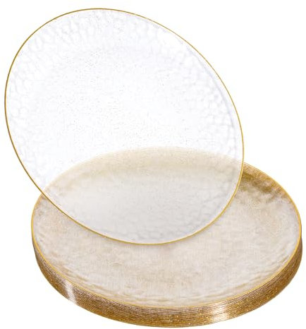 20 Pack - 10inch Glittered Gold hammered Plastic Plates with Gold Rim - DIY Wedding Plates - Reusable lightweight Party Plates (10inch)