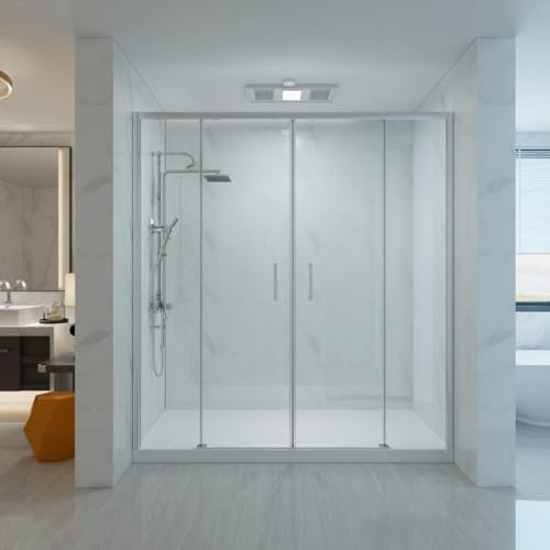 Cabine de douche 180 cm mur transparent profil chrome avec entrée facile avec deux cristaux fixes et deux coulissants hauteur 200 cm