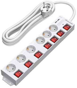 DEWENWILS Steckdosenleiste Einzeln Schaltbar mit USB, 6Fach Steckdosenleiste mit Schalter, Mehrfachsteckdose mit Überlastschutz, Kindersicherung, 90° Gedreht, 5M, Weiß