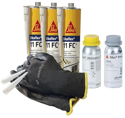 Sikaflex 11 FC schwarz 3x 300ml mit Primer 210, Aktivator 205 und 5x Düsenspitzen - ideal für die Abdichtung von Aluminium und Stahl