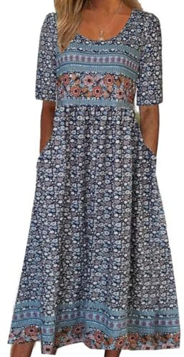 ABYOVRT Damen Kleider Lose Sommerkleid Lang Freizeitkleid Bohe Midikleid für Rundhals Strandkleid Blumenkleid Midi Kleid mit Taschen,S